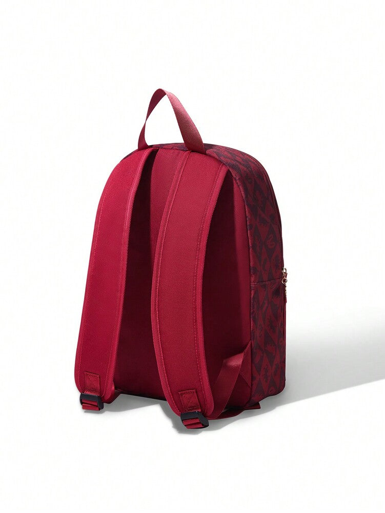 Red Animal Badge Print Backpack Casual School Bag Preppy Rucksack Gift For Teen Girls Boys College Students Travel Back To School