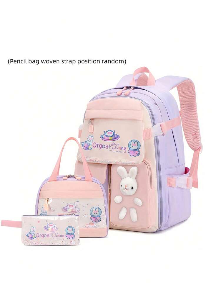 3pcs Girls Backpack Set With Lunch Box Pencil Case Rabbit Design Adjustable Nylon School Bag Lightweight Student Back To School Gift