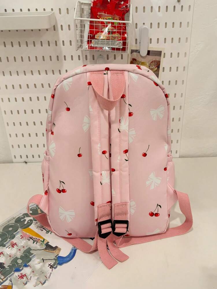 Preppy Bow Cherry Pattern Backpack With Laptop Compartment Large Capacity Nylon School Bag Multifunctional Daypack For Teen Girls College
