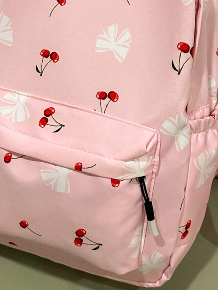 Preppy Bow Cherry Pattern Backpack With Laptop Compartment Large Capacity Nylon School Bag Multifunctional Daypack For Teen Girls College