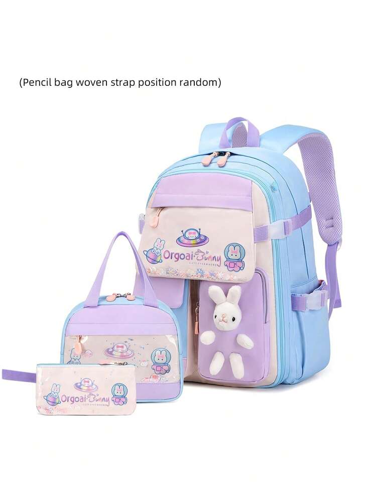 3pcs Girls Backpack Set With Lunch Box Pencil Case Rabbit Design Adjustable Nylon School Bag Lightweight Student Back To School Gift