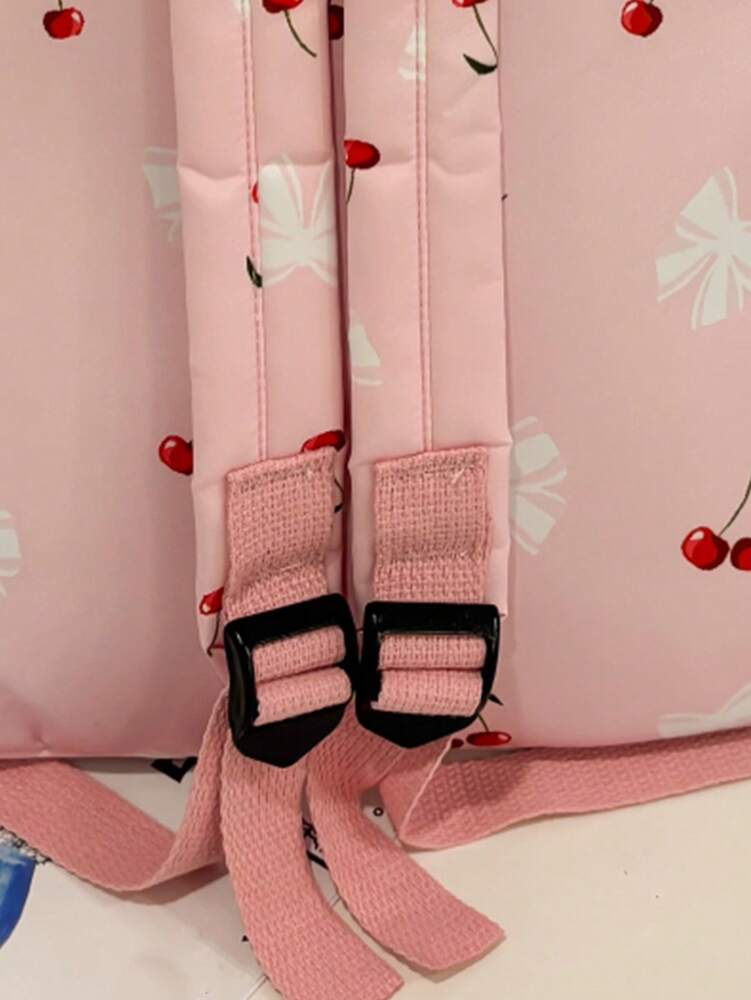 Preppy Bow Cherry Pattern Backpack With Laptop Compartment Large Capacity Nylon School Bag Multifunctional Daypack For Teen Girls College
