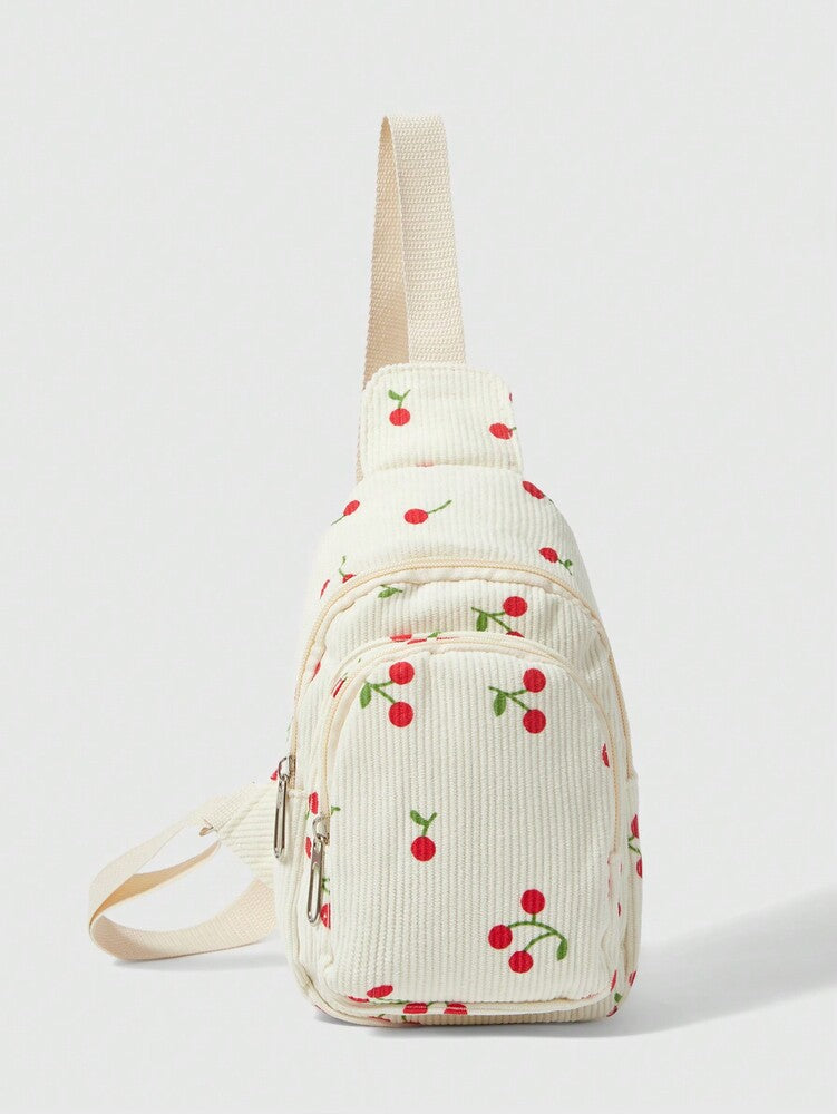 Kawaii Strawberry Pattern White Fanny Pack With Multiple Pockets Small Canvas Shoulder Bag Cute Travel Waist Bag For Teen Girls Women