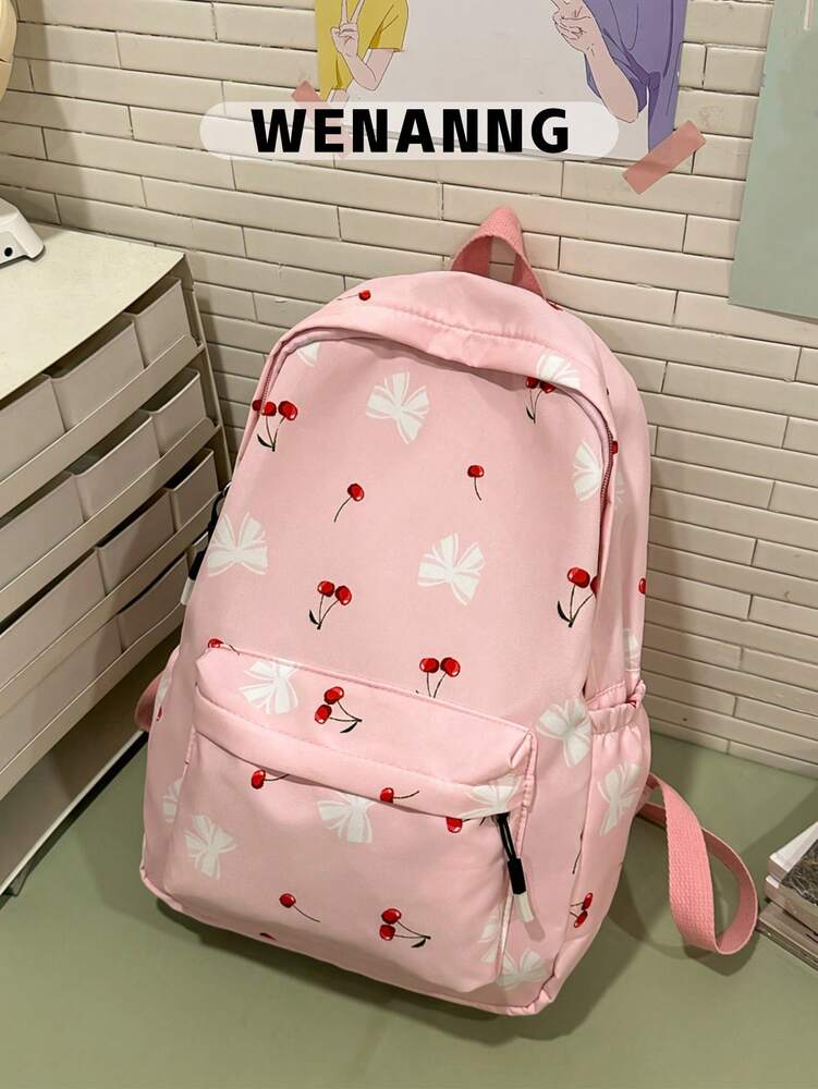 Preppy Bow Cherry Pattern Backpack With Laptop Compartment Large Capacity Nylon School Bag Multifunctional Daypack For Teen Girls College
