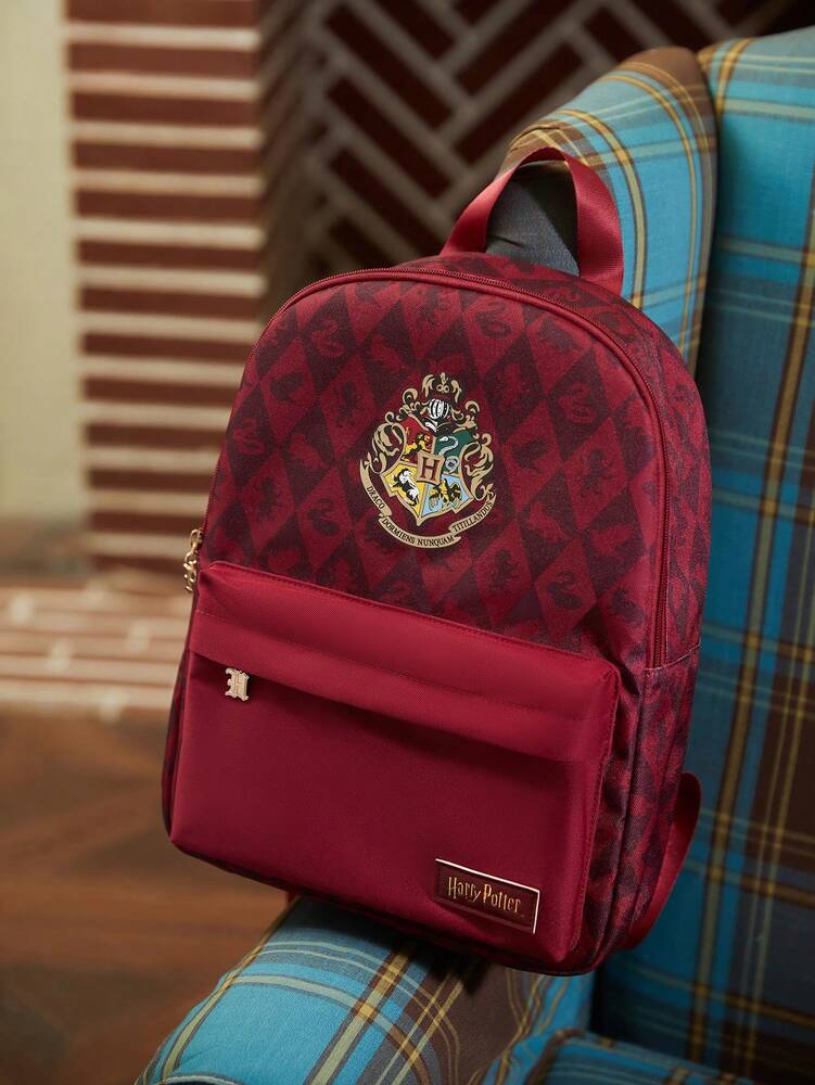 Red Animal Badge Print Backpack Casual School Bag Preppy Rucksack Gift For Teen Girls Boys College Students Travel Back To School