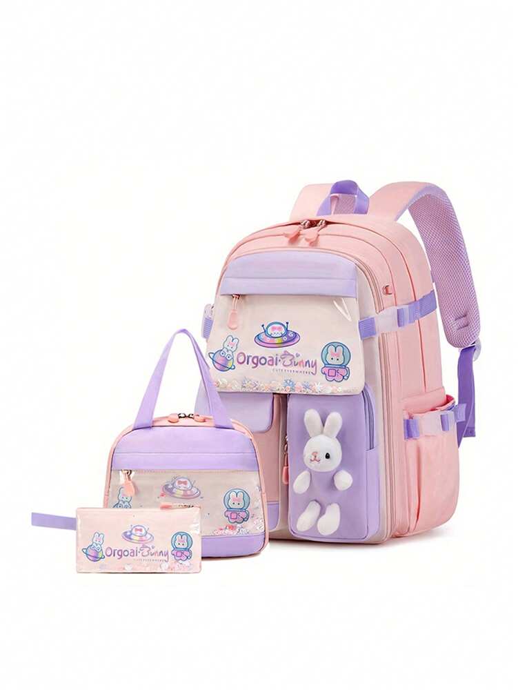 3pcs Girls Backpack Set With Lunch Box Pencil Case Rabbit Design Adjustable Nylon School Bag Lightweight Student Back To School Gift