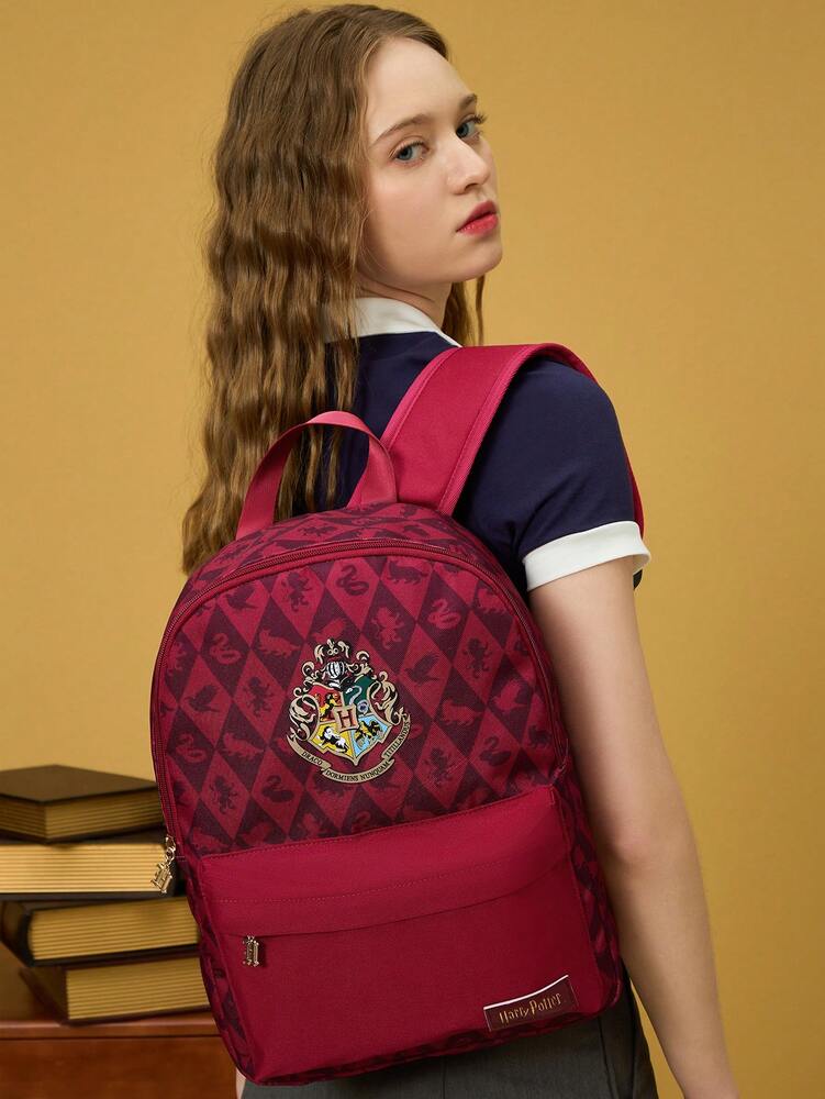 Red Animal Badge Print Backpack Casual School Bag Preppy Rucksack Gift For Teen Girls Boys College Students Travel Back To School