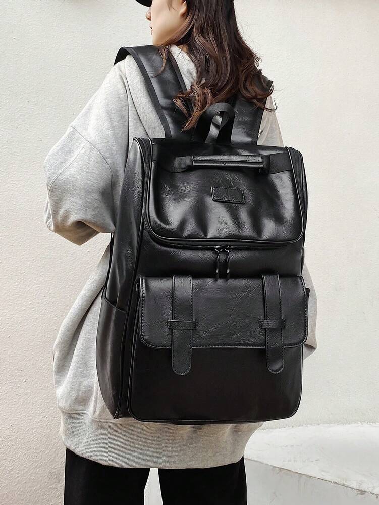 Minimalist Black Large Capacity Classic Backpack Patch Decor Waterproof Student School Bag For High School College Women Men Work Travel