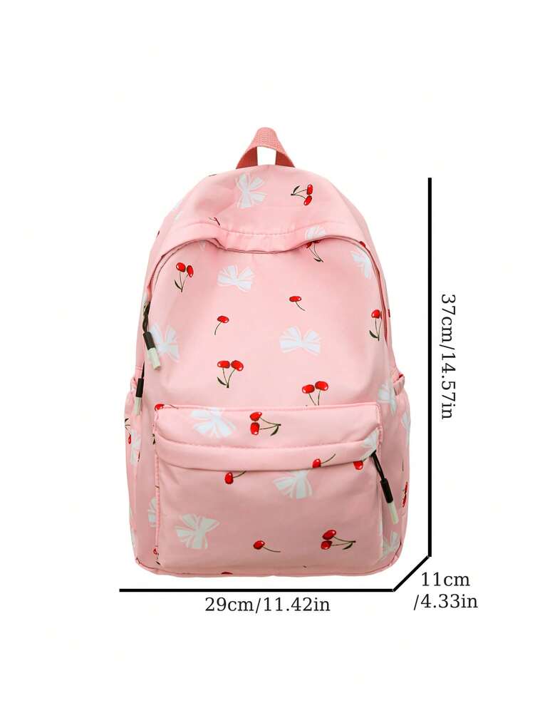 Preppy Bow Cherry Pattern Backpack With Laptop Compartment Large Capacity Nylon School Bag Multifunctional Daypack For Teen Girls College
