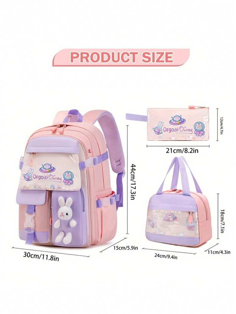 3pcs Girls Backpack Set With Lunch Box Pencil Case Rabbit Design Adjustable Nylon School Bag Lightweight Student Back To School Gift