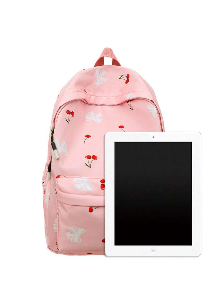 Preppy Bow Cherry Pattern Backpack With Laptop Compartment Large Capacity Nylon School Bag Multifunctional Daypack For Teen Girls College