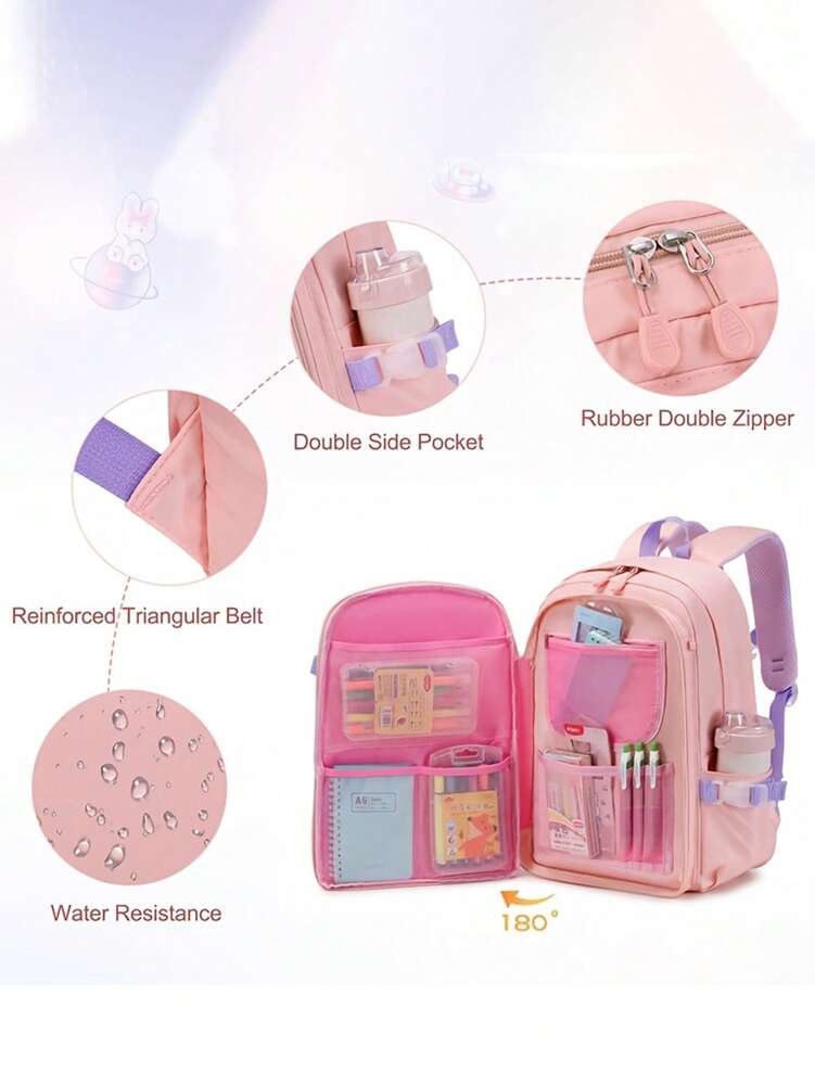 3pcs Girls Backpack Set With Lunch Box Pencil Case Rabbit Design Adjustable Nylon School Bag Lightweight Student Back To School Gift