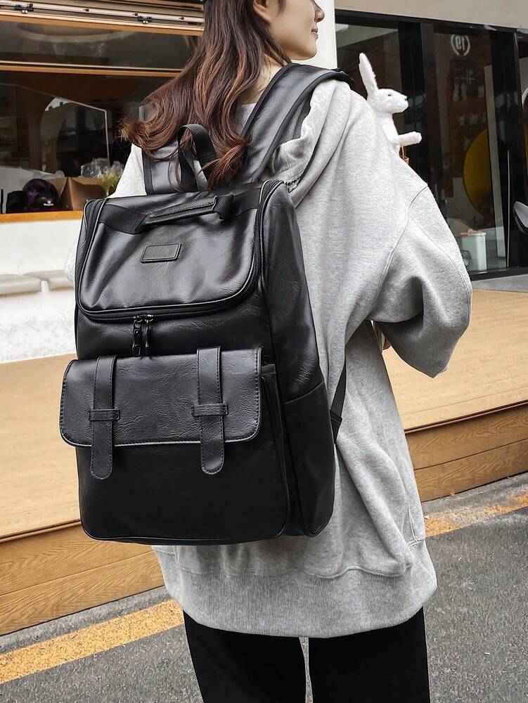Minimalist Black Large Capacity Classic Backpack Patch Decor Waterproof Student School Bag For High School College Women Men Work Travel