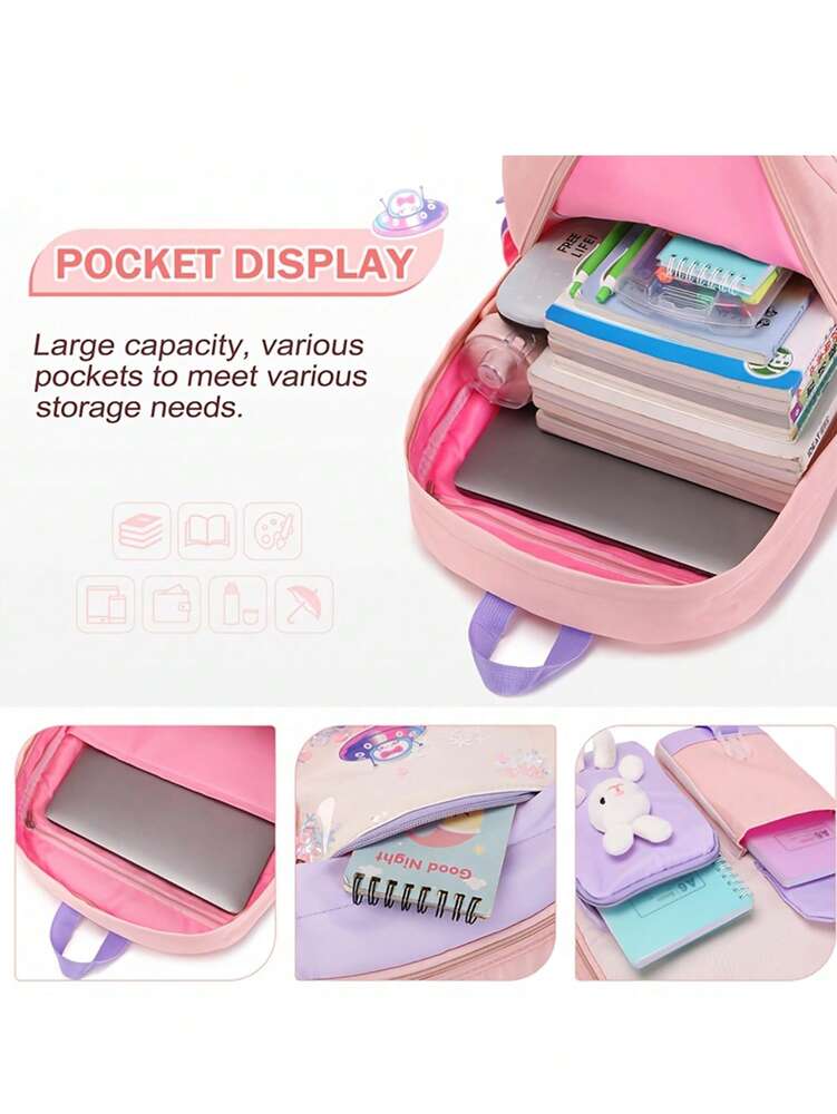 3pcs Girls Backpack Set With Lunch Box Pencil Case Rabbit Design Adjustable Nylon School Bag Lightweight Student Back To School Gift