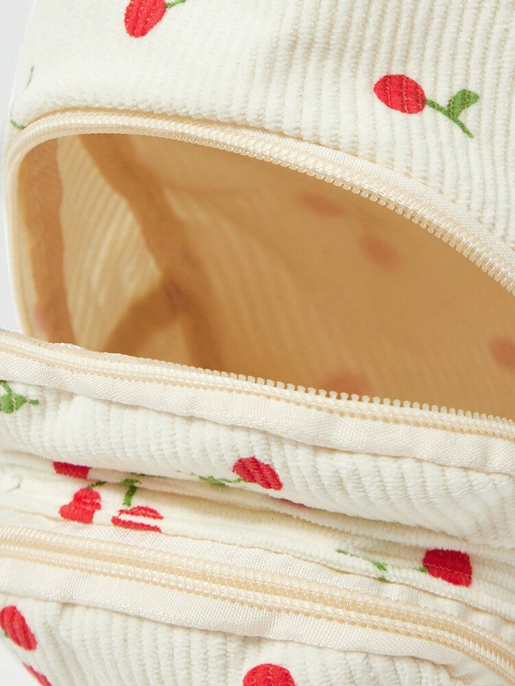 Kawaii Strawberry Pattern White Fanny Pack With Multiple Pockets Small Canvas Shoulder Bag Cute Travel Waist Bag For Teen Girls Women