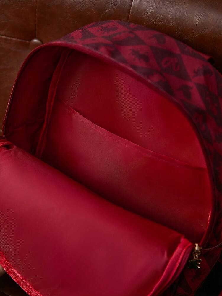 Red Animal Badge Print Backpack Casual School Bag Preppy Rucksack Gift For Teen Girls Boys College Students Travel Back To School