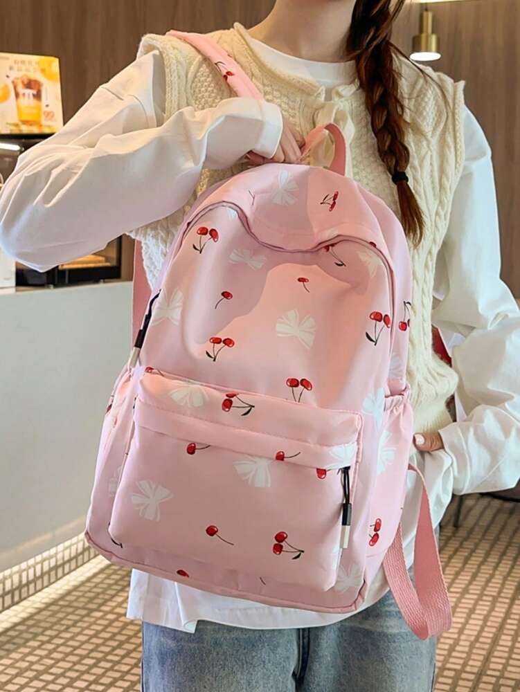 Preppy Bow Cherry Pattern Backpack With Laptop Compartment Large Capacity Nylon School Bag Multifunctional Daypack For Teen Girls College
