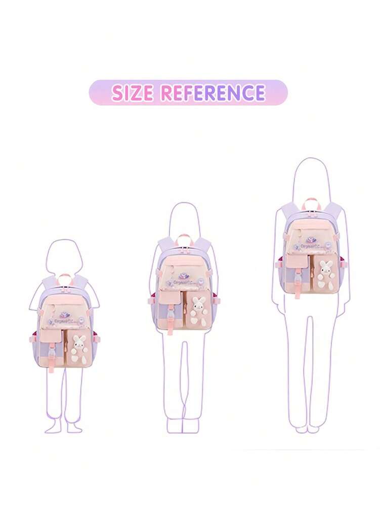 3pcs Girls Backpack Set With Lunch Box Pencil Case Rabbit Design Adjustable Nylon School Bag Lightweight Student Back To School Gift