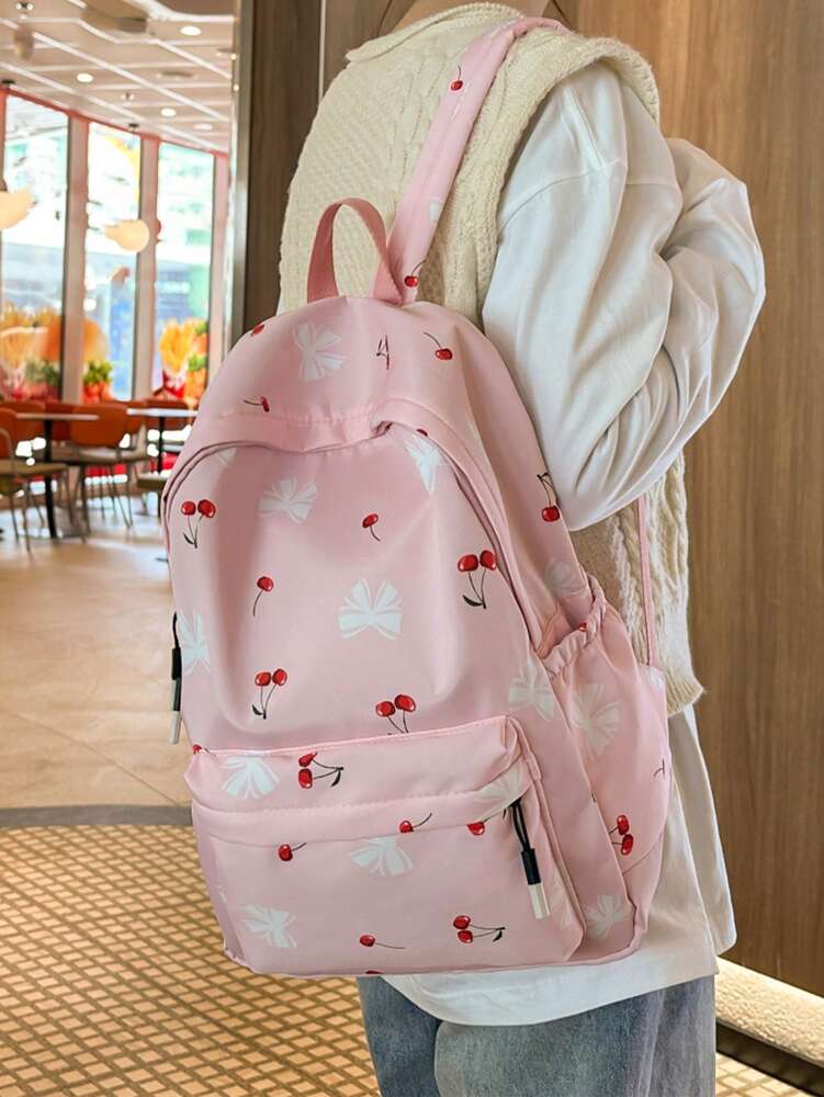Preppy Bow Cherry Pattern Backpack With Laptop Compartment Large Capacity Nylon School Bag Multifunctional Daypack For Teen Girls College