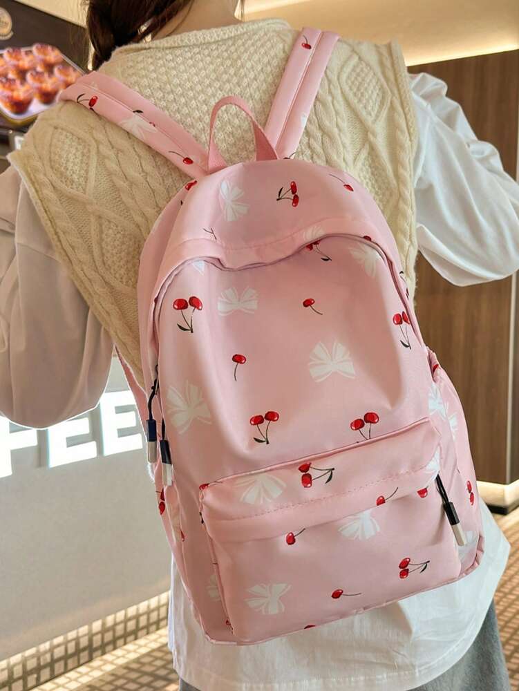 Preppy Bow Cherry Pattern Backpack With Laptop Compartment Large Capacity Nylon School Bag Multifunctional Daypack For Teen Girls College