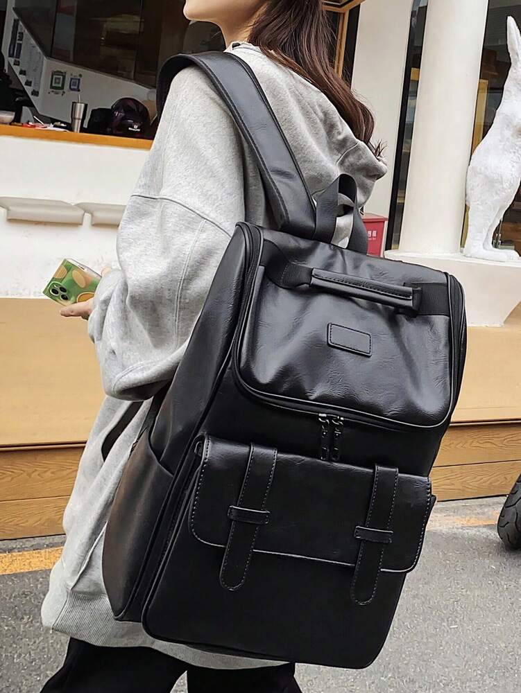 Minimalist Black Large Capacity Classic Backpack Patch Decor Waterproof Student School Bag For High School College Women Men Work Travel