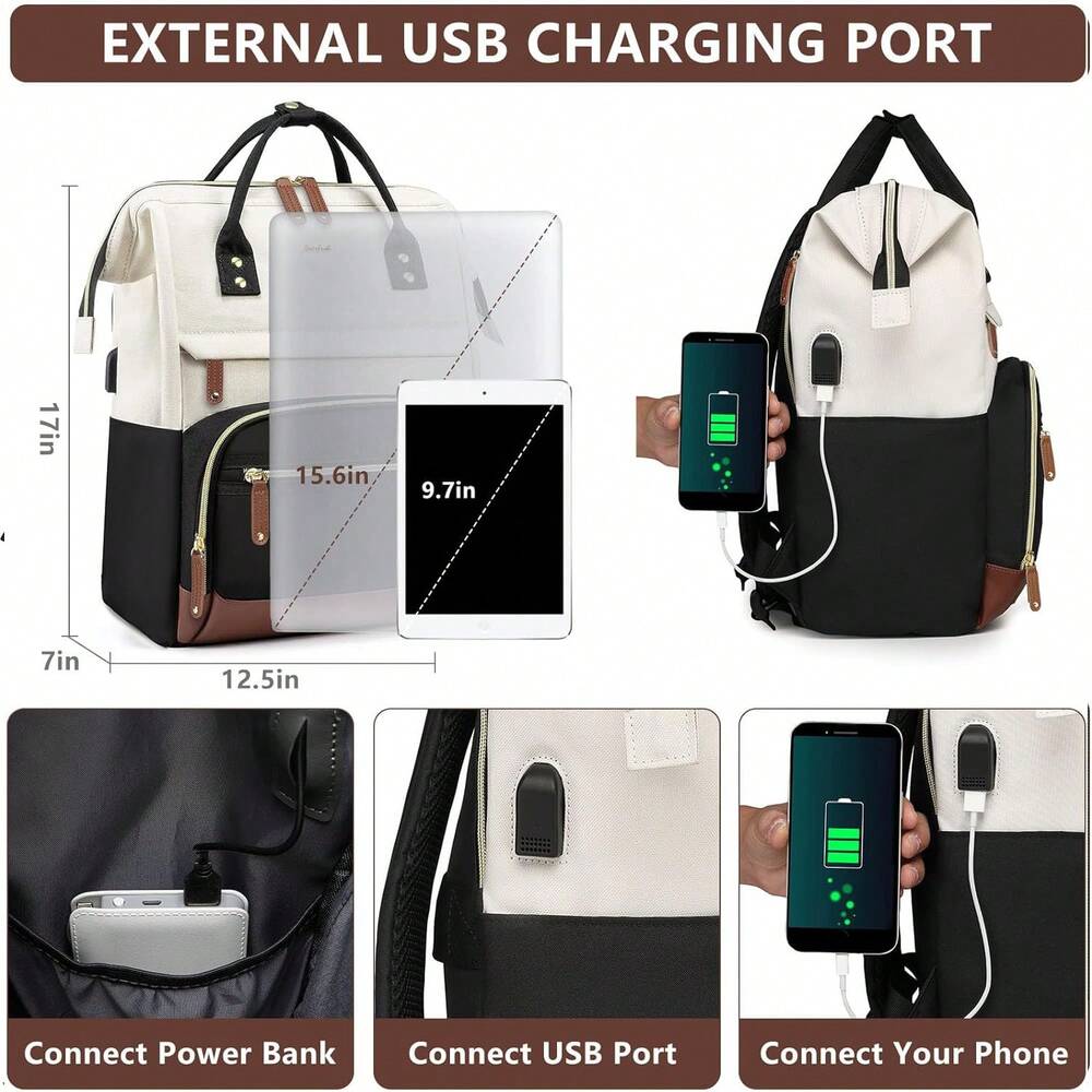 Laptop Backpack For Women Waterproof 15.6 Inch Purse With USB Charger Casual Business Travel College Bookbag Teacher Nurse Computer Bag