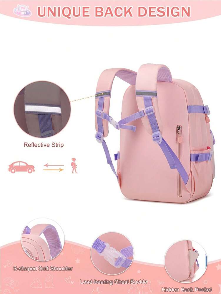 3pcs Girls Backpack Set With Lunch Box Pencil Case Rabbit Design Adjustable Nylon School Bag Lightweight Student Back To School Gift