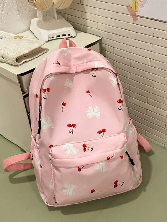 Preppy Bow Cherry Pattern Backpack With Laptop Compartment Large Capacity Nylon School Bag Multifunctional Daypack For Teen Girls College