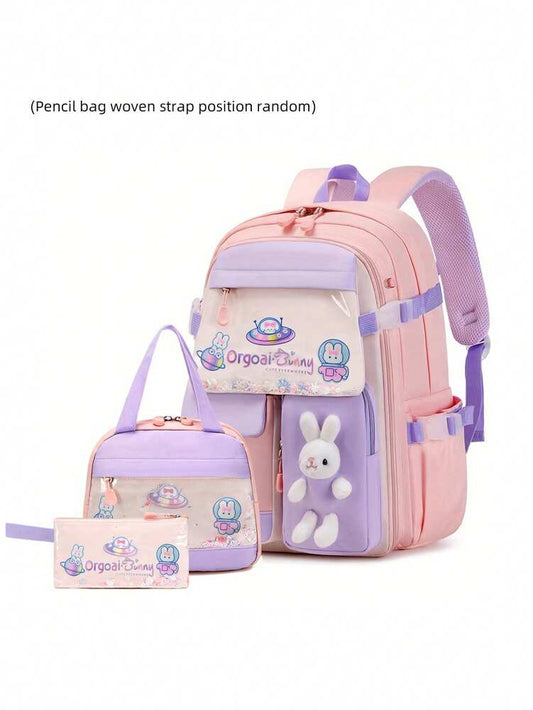 3pcs Girls Backpack Set With Lunch Box Pencil Case Rabbit Design Adjustable Nylon School Bag Lightweight Student Back To School Gift